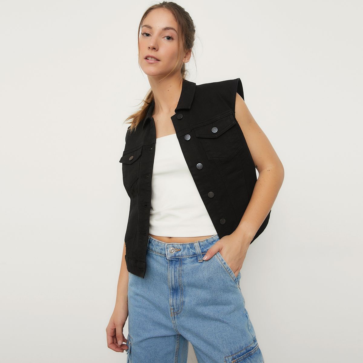 ONLY - Chaqueta Sin Manga Denim Algodón Mujer Only