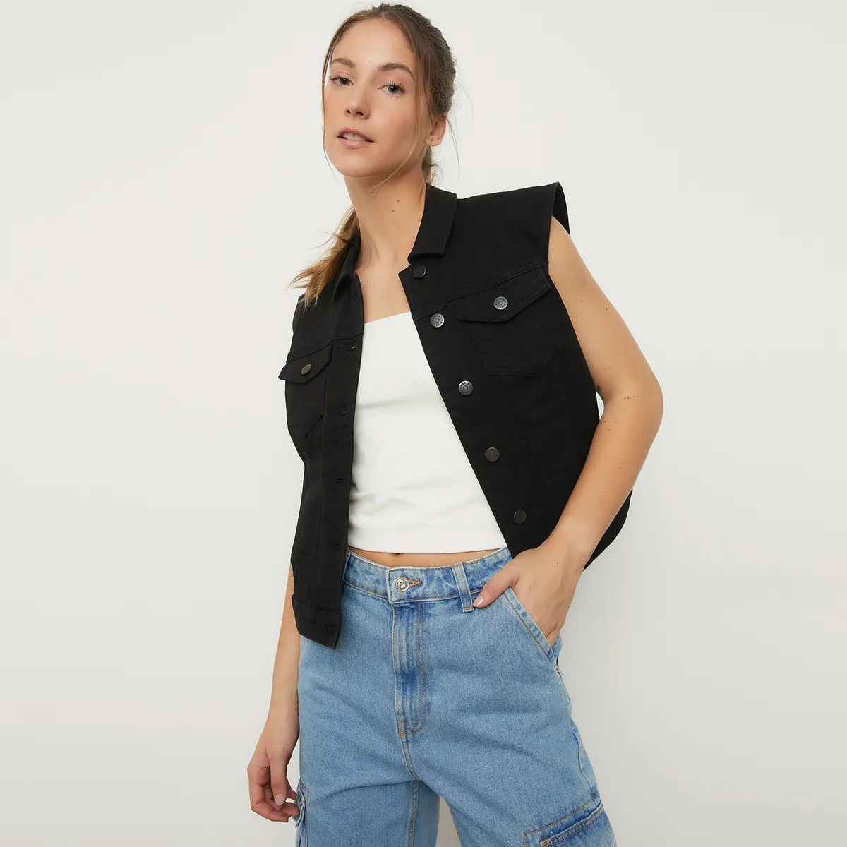 ONLY - Chaqueta Sin Manga Denim Algodón Mujer Only