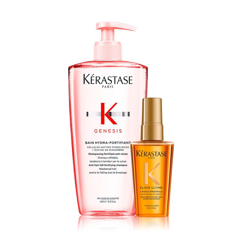 KERASTASE - Set Hidratante Cabello con Caída Capilar Genesis Shampoo Bain Hydra-Fortifiant 500 ml + Aceite L¿Huile Originale 50 ml KERASTASE