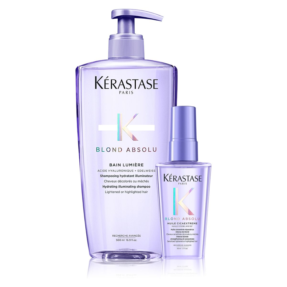 KERASTASE - Set Cabello Rubio o Decolorado Blond Absolu Shampoo Bain Lumiere 500 ml + Aceite Huile Cicaextreme 50ml KERASTASE