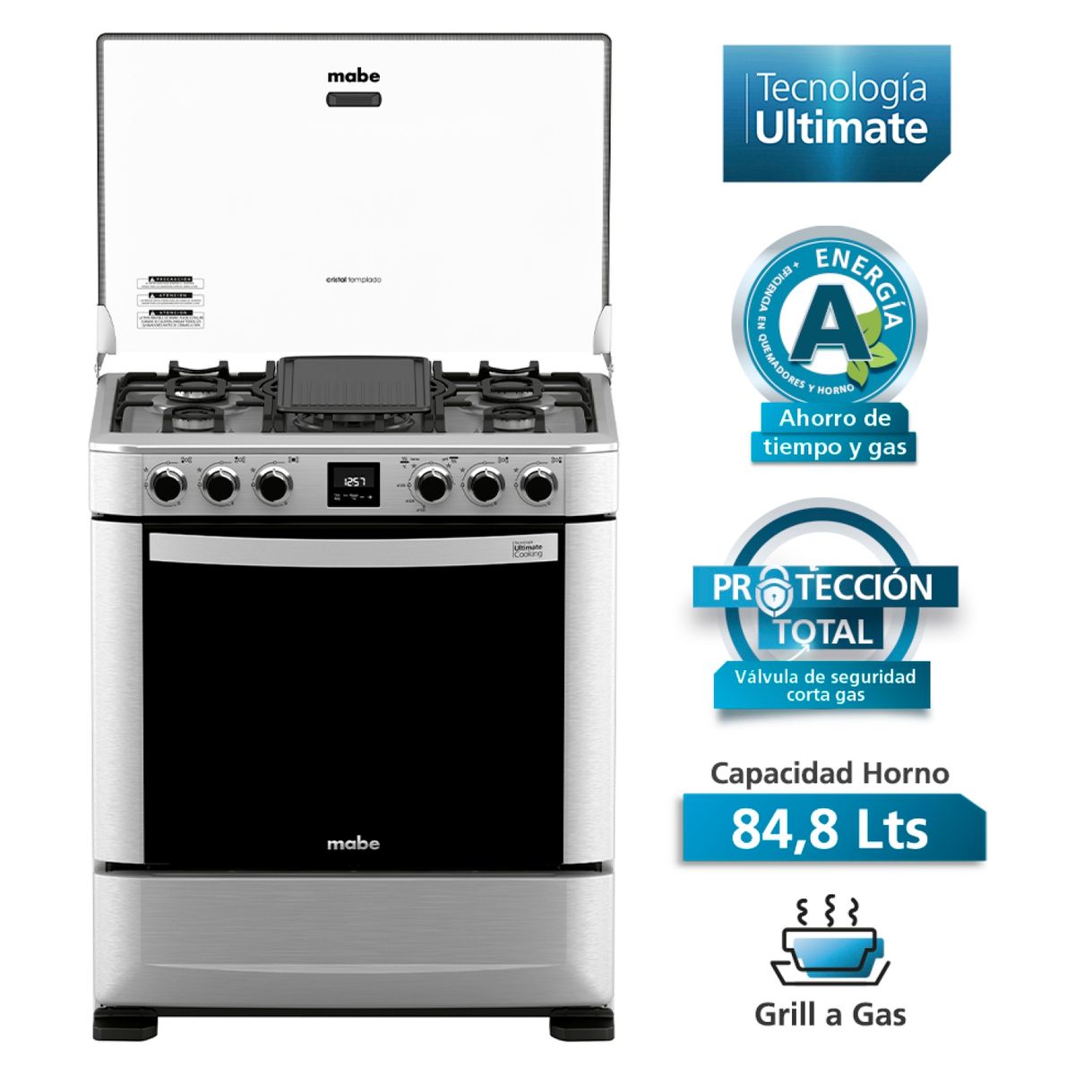 MABE - Cocina 5 Quemadores Horno De 84.80 Lt Con Grill Gas Licuado Andes7670Fx Mabe