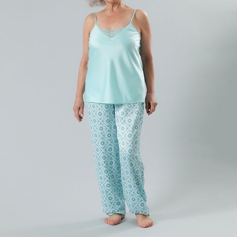 FLORES Set Pijama Pabilo + Pantalón Satín Print Mujer