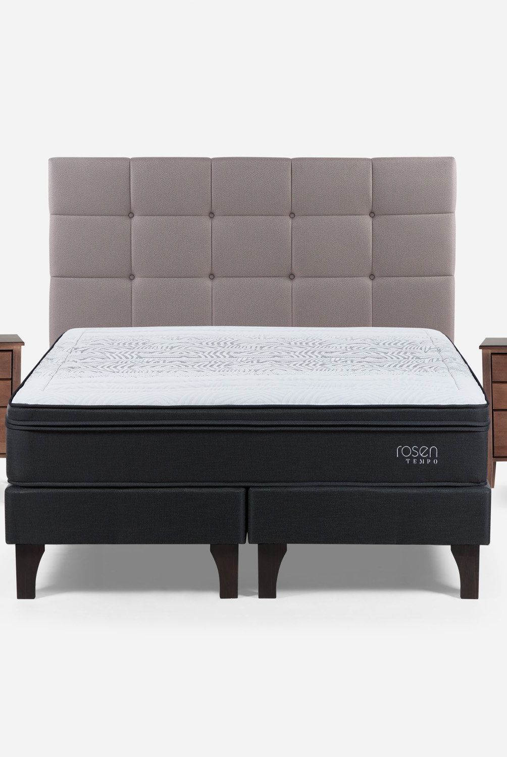 ROSEN - Cama Europea 2 Plazas Tempo + Respaldo + 2 Veladores Rosen