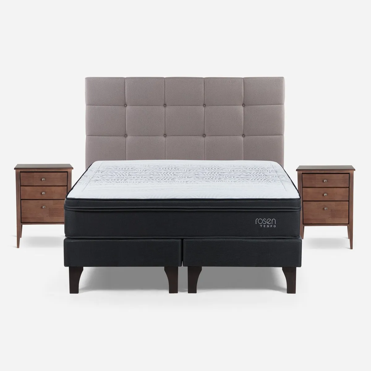 ROSEN - Cama Europea 2 Plazas Tempo + Respaldo + 2 Veladores Rosen