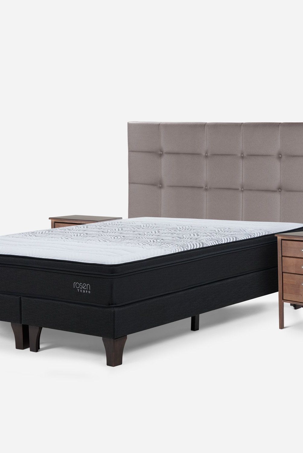 ROSEN - Cama Europea 2 Plazas Tempo + Respaldo + 2 Veladores Rosen