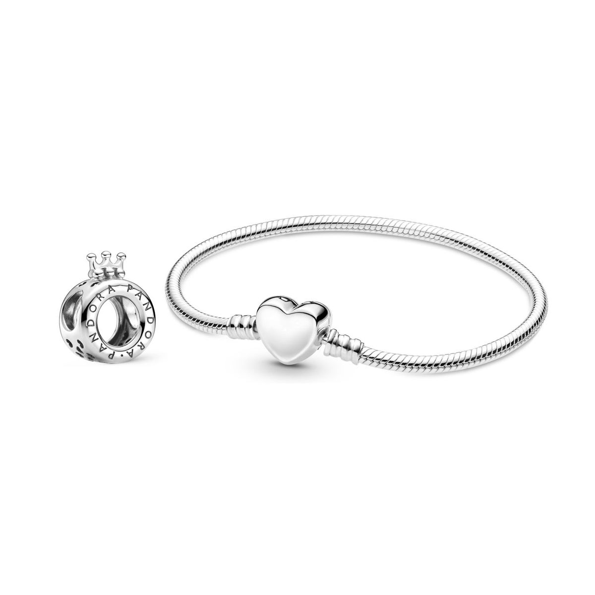 PANDORA - Set Brazalete Broche Corazón + Charm Corona  Mujer Pandora