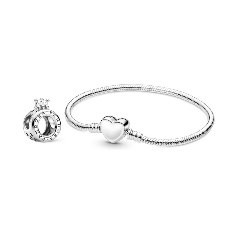 PANDORA - Set Brazalete Broche Corazón + Charm Corona  Mujer Pandora