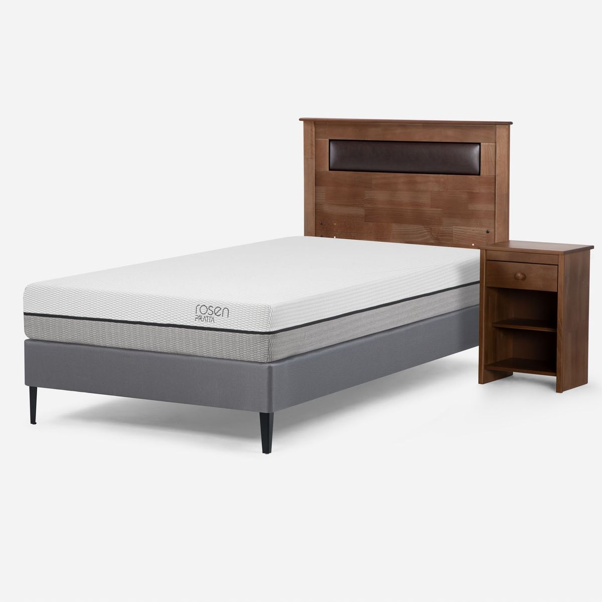 ROSEN - Cama Europea Pratta 1 Plaza + Respaldo + 1 Velador Rosen