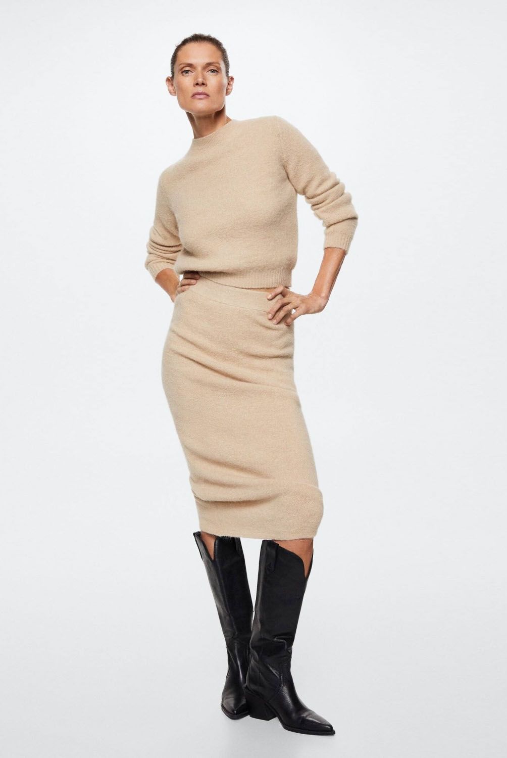 MANGO - Falda Midi Lápiz Punto Mujer Mango