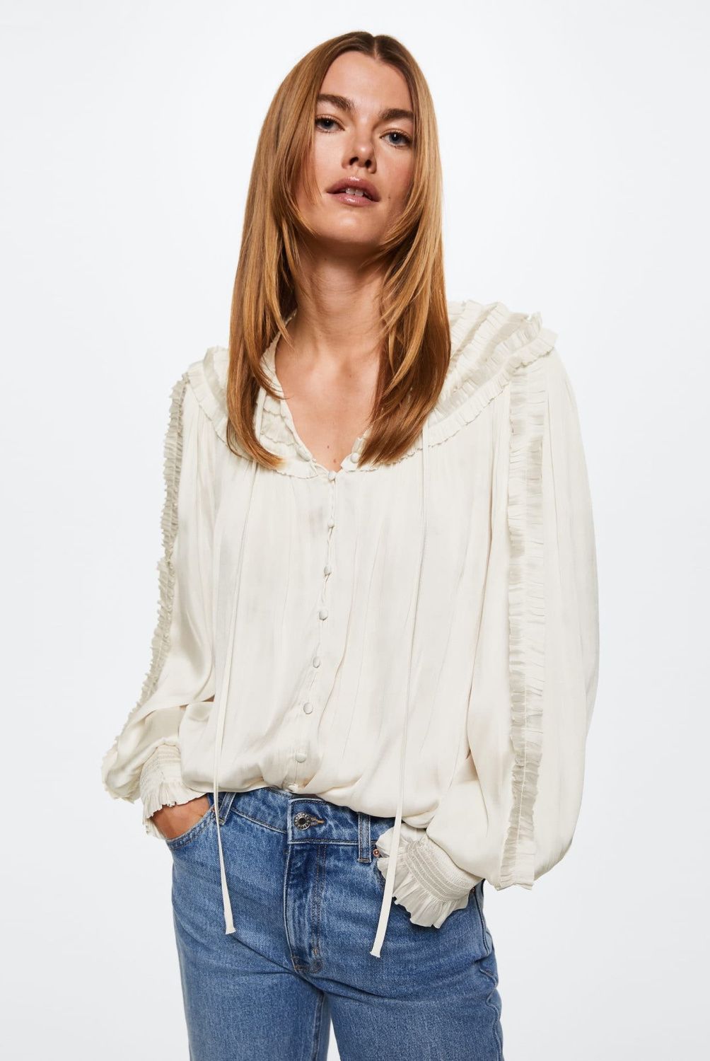 MANGO - Mango Blusa Satinada Volantes Crumble Mujer