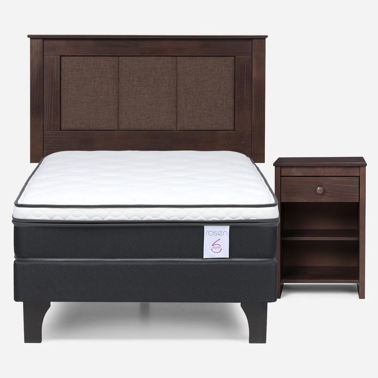 Cama Europea New Style 6 1.5 Plazas x 2.00 mt + Respaldo + 1 Velador Rachel Chocolate