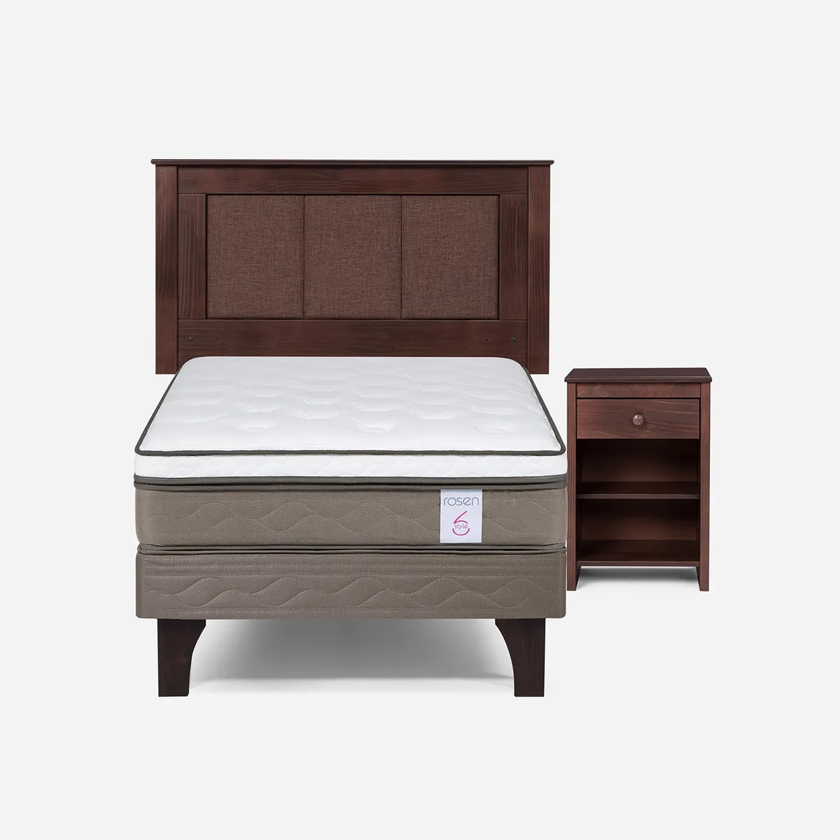 ROSEN - Cama Europea New Style 6 1.5 Plazas + Respaldo + Velador Rosen