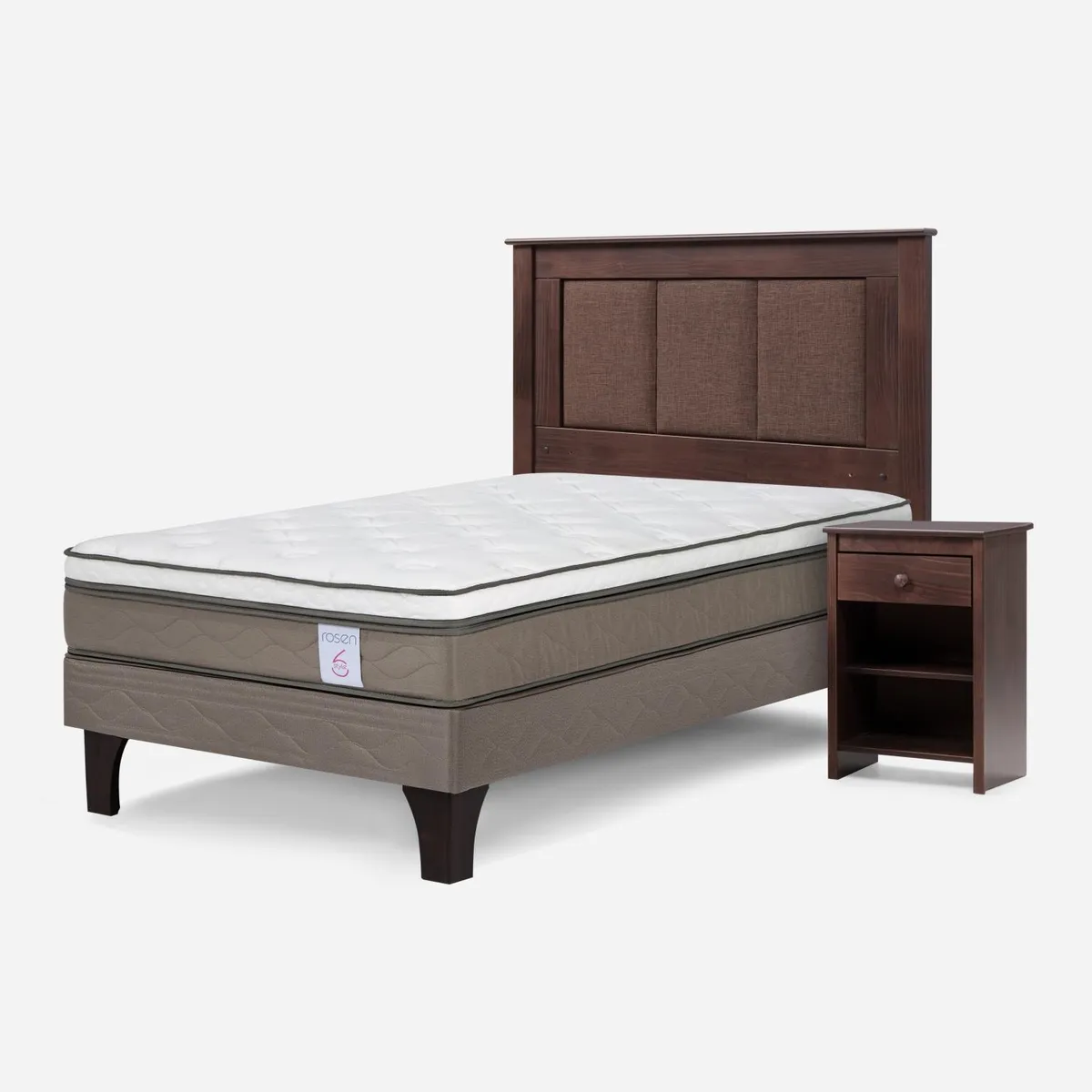 ROSEN - Cama Europea New Style 6 1.5 Plazas + Respaldo + Velador Rosen