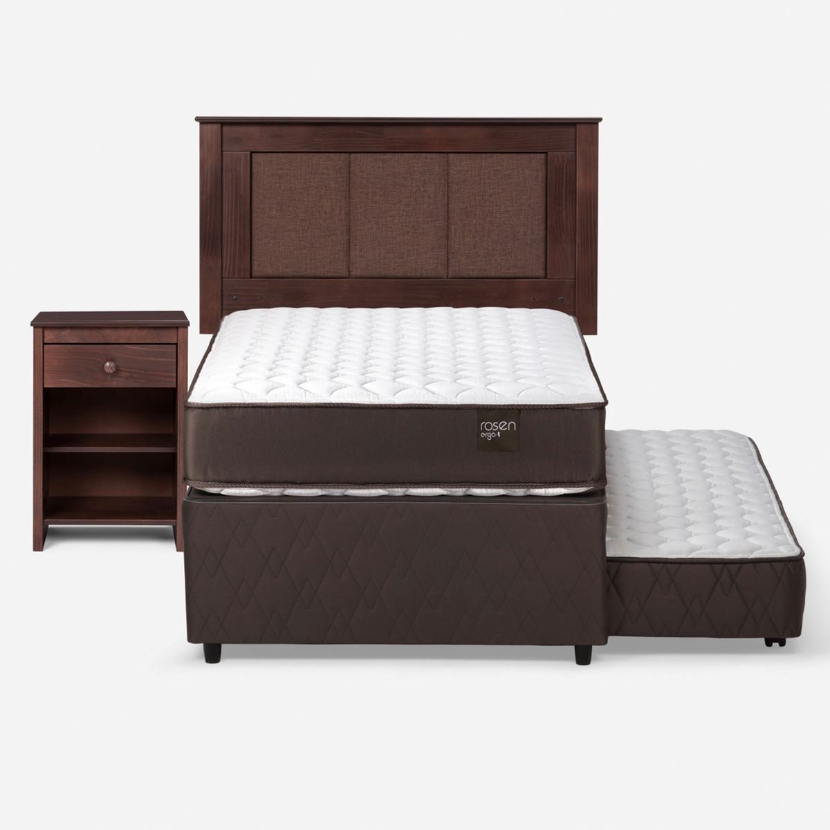 ROSEN - Cama Nido New Ergo T 1.5 plazas x 2.00 mt + Respaldo + 1 Velador Rosen