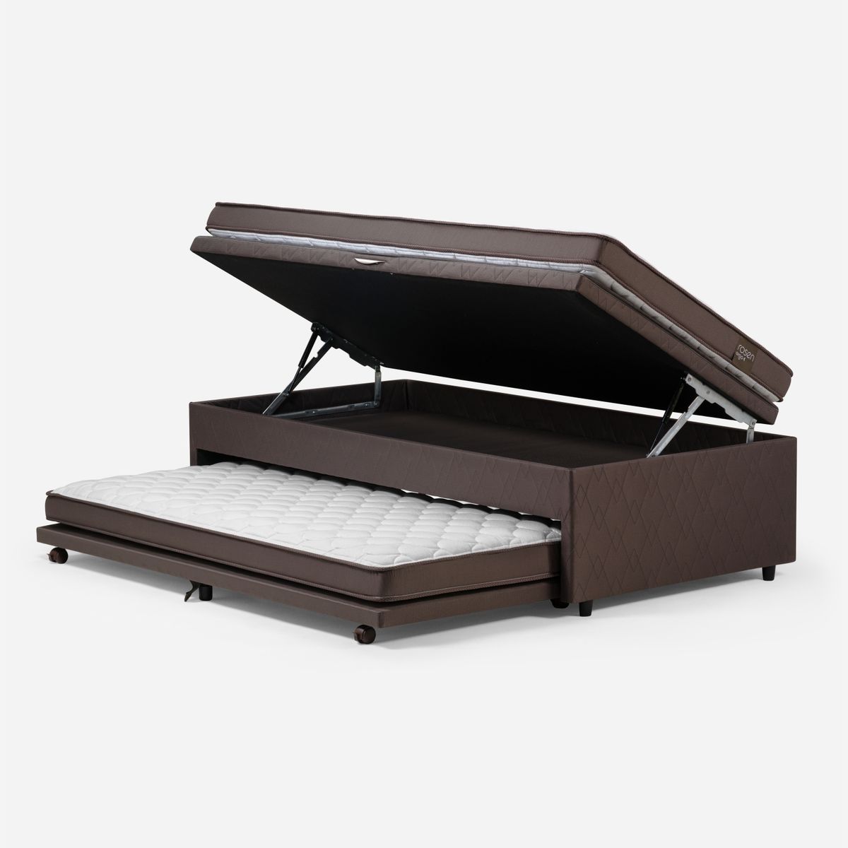 ROSEN - Cama baúl New Ergo T 1.5 Plazas x 2.00mt + Respaldo + 1 Velador Rosen