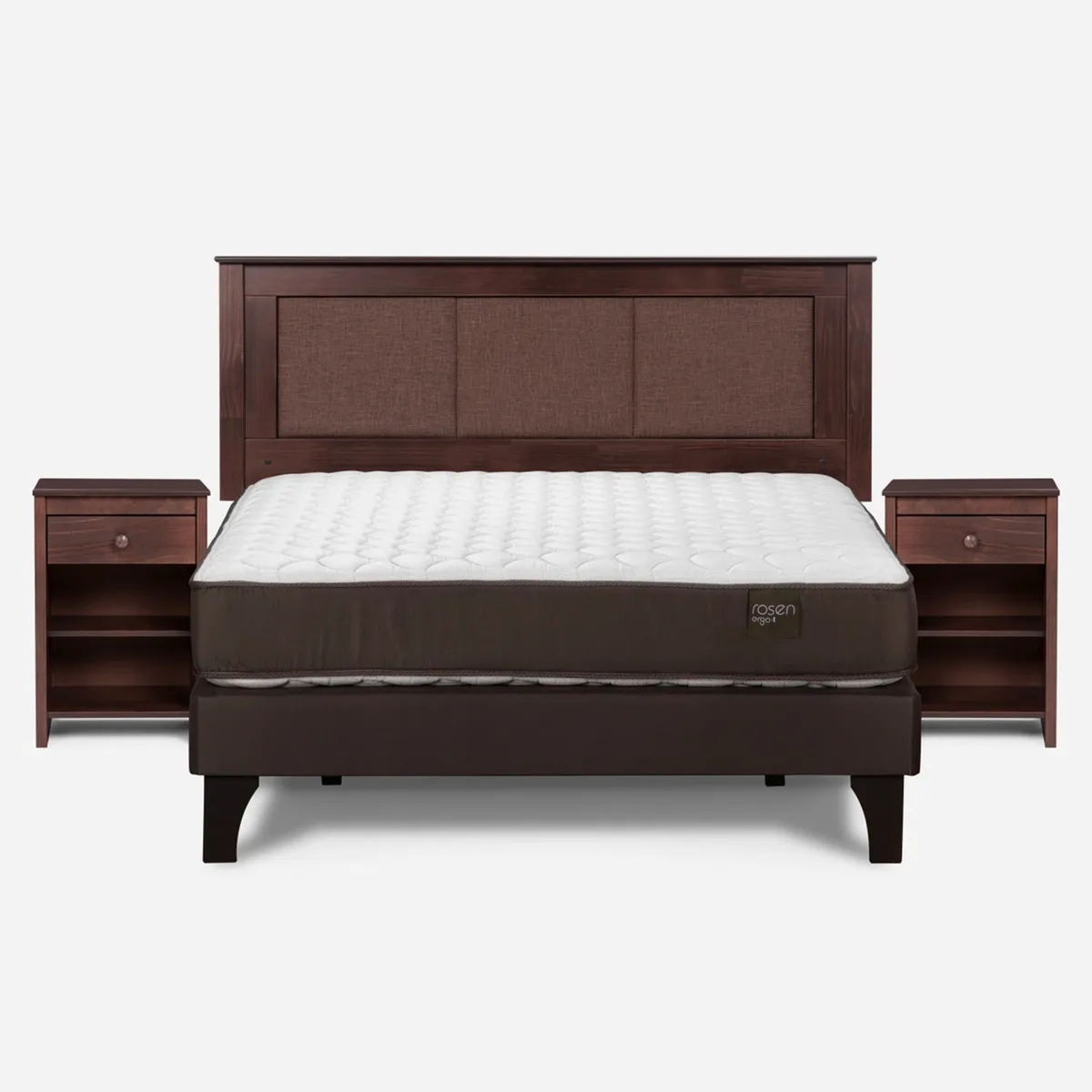 ROSEN - Cama Europea 2 Plazas Ergo T Base Normal Respaldo+ 2 Velador Rachel Rosen