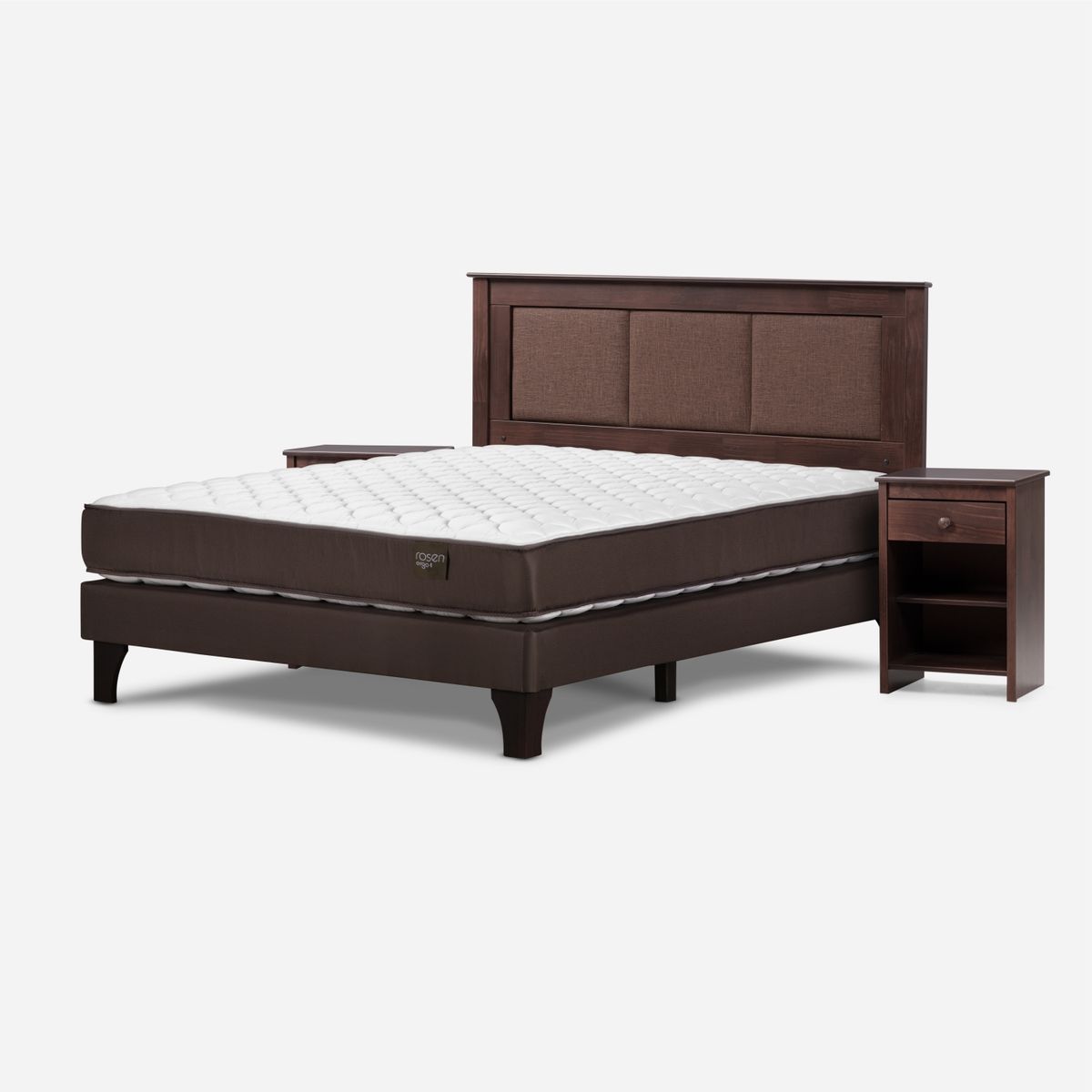 ROSEN - Cama Europea 2 Plazas Ergo T Base Normal Respaldo+ 2 Velador Rachel Rosen