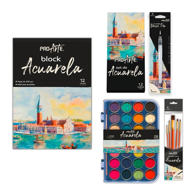 PROARTE - Pack Proarte Linea Acuarelas, 5 Piezas, Contiene: 1 Block De Acuarela, 1 Set De 12 Acuarelas En Tubo 12 Ml, 1 Caja De 28 Acuarelas En Pastilla, 1 Blister De Píncel Acuarelable 3 Puntas Y 1 Set De Pincels 5 Puntas Diferentes