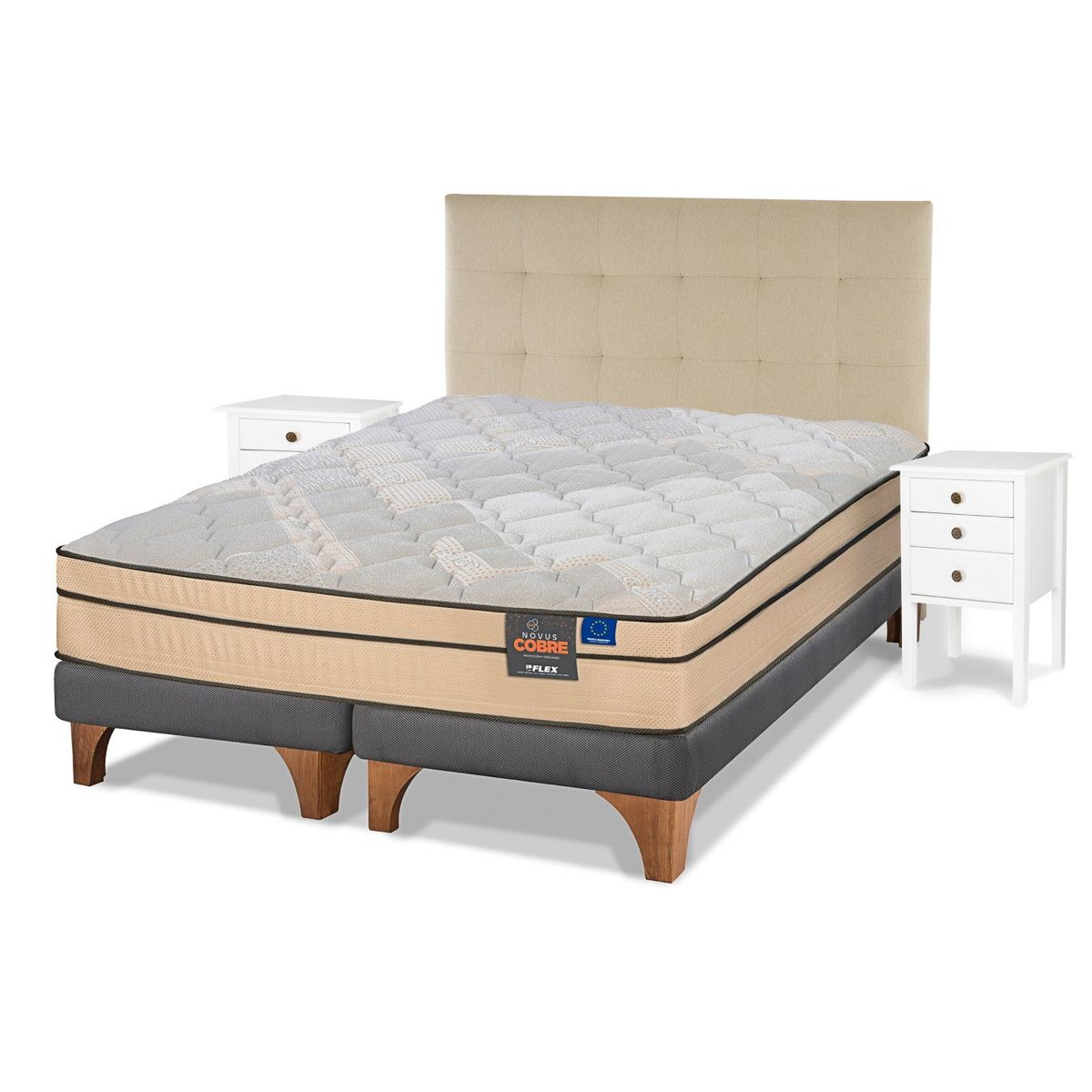 FLEX - Cama Europea Novus Cobre 2 Plazas 150x200 + Respaldo Crudo + Veladores Roma Flex