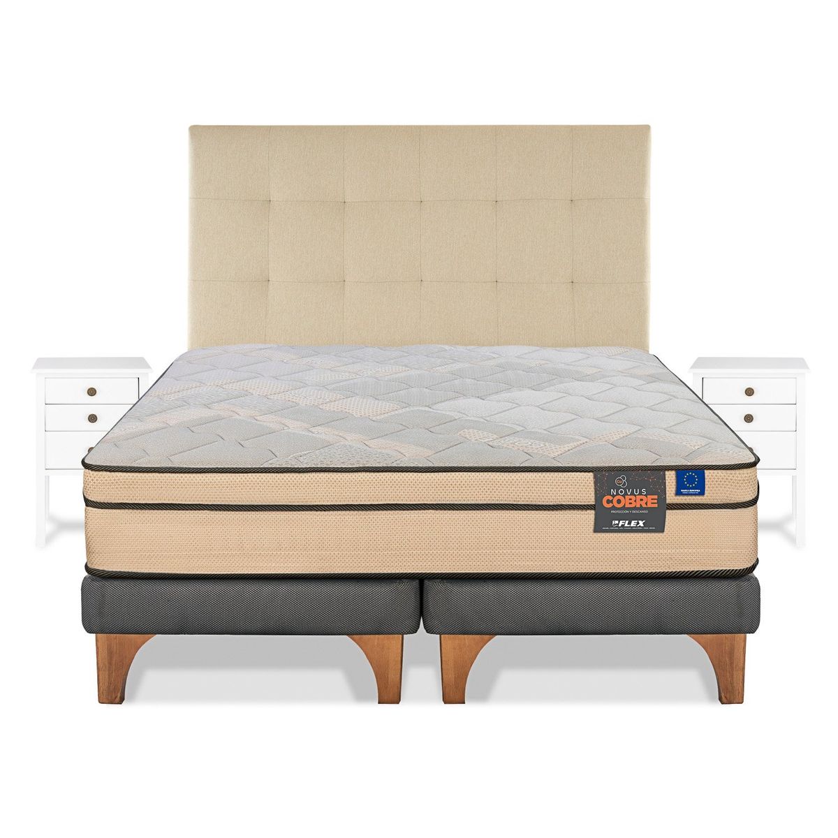 FLEX - Cama Europea Novus Cobre 2 Plazas 150x200 + Respaldo Crudo + Veladores Roma Flex
