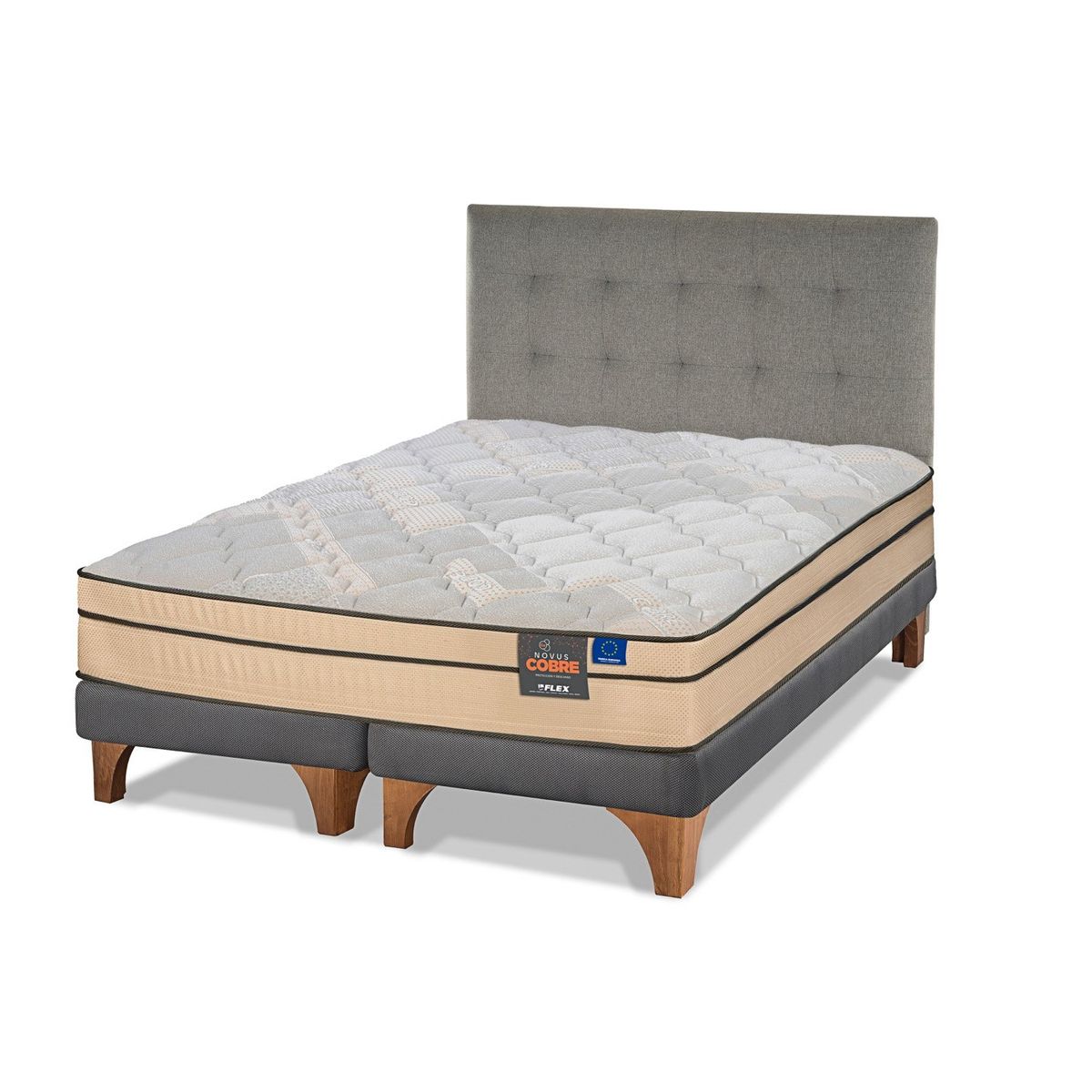 FLEX - Cama Europea Novus Cobre King 180x200 + Respaldo Design Gris Flex