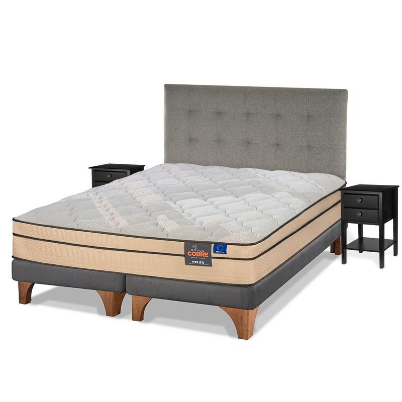 FLEX - Cama Europea Novus Cobre King 180x200 + Respaldo Design Gris + Veladores Rover Flex