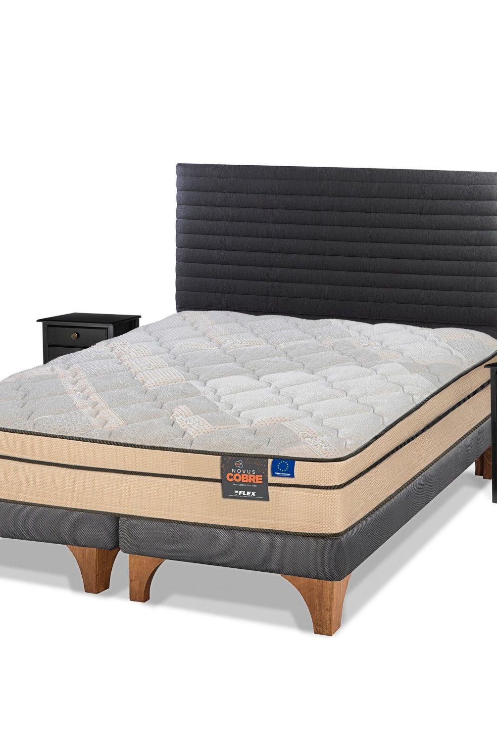 FLEX - Cama Europea Novus Cobre King 180x200 + Respaldo Modern + Veladores Rover Flex