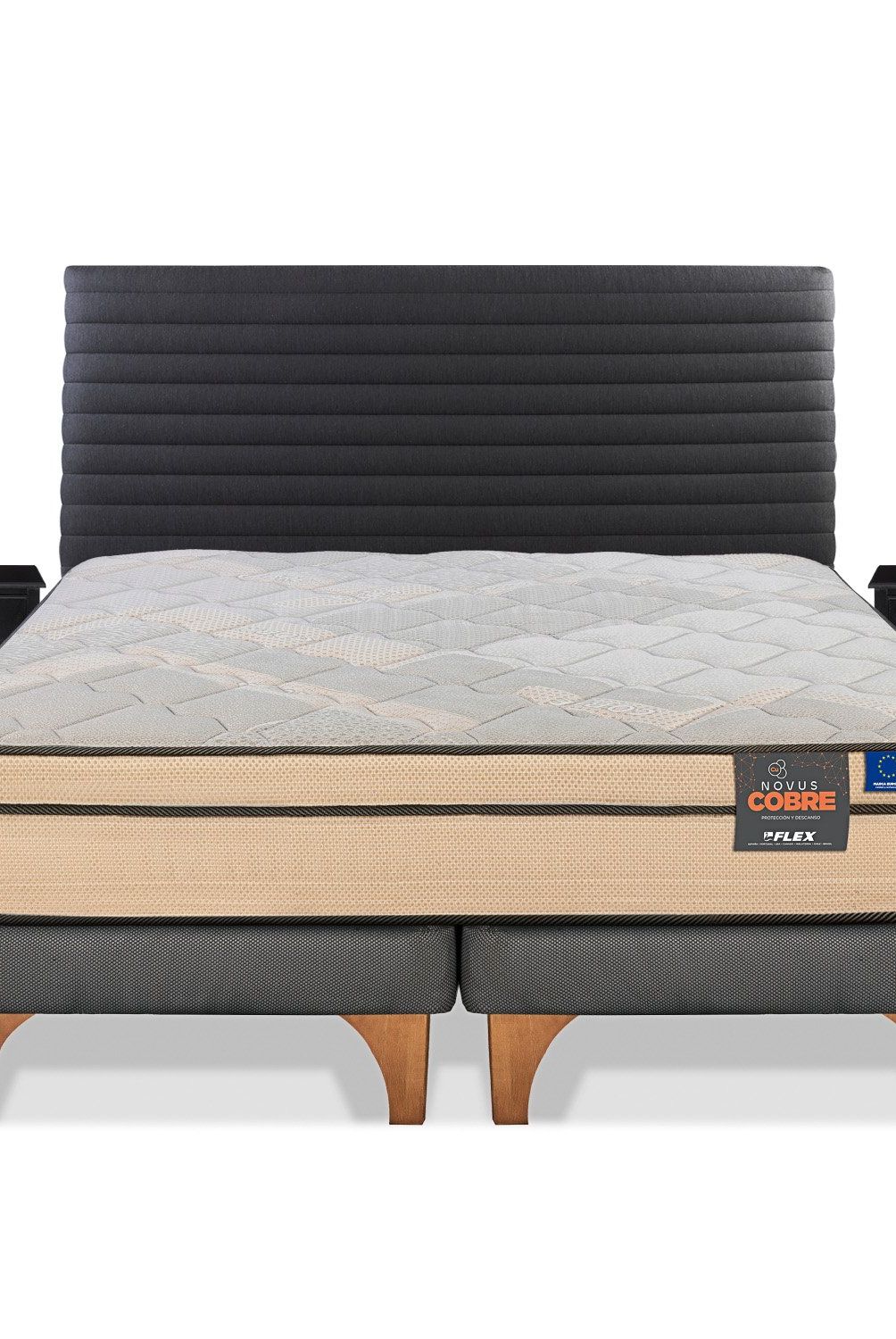 FLEX - Cama Europea Novus Cobre King 180x200 + Respaldo Modern + Veladores Rover Flex