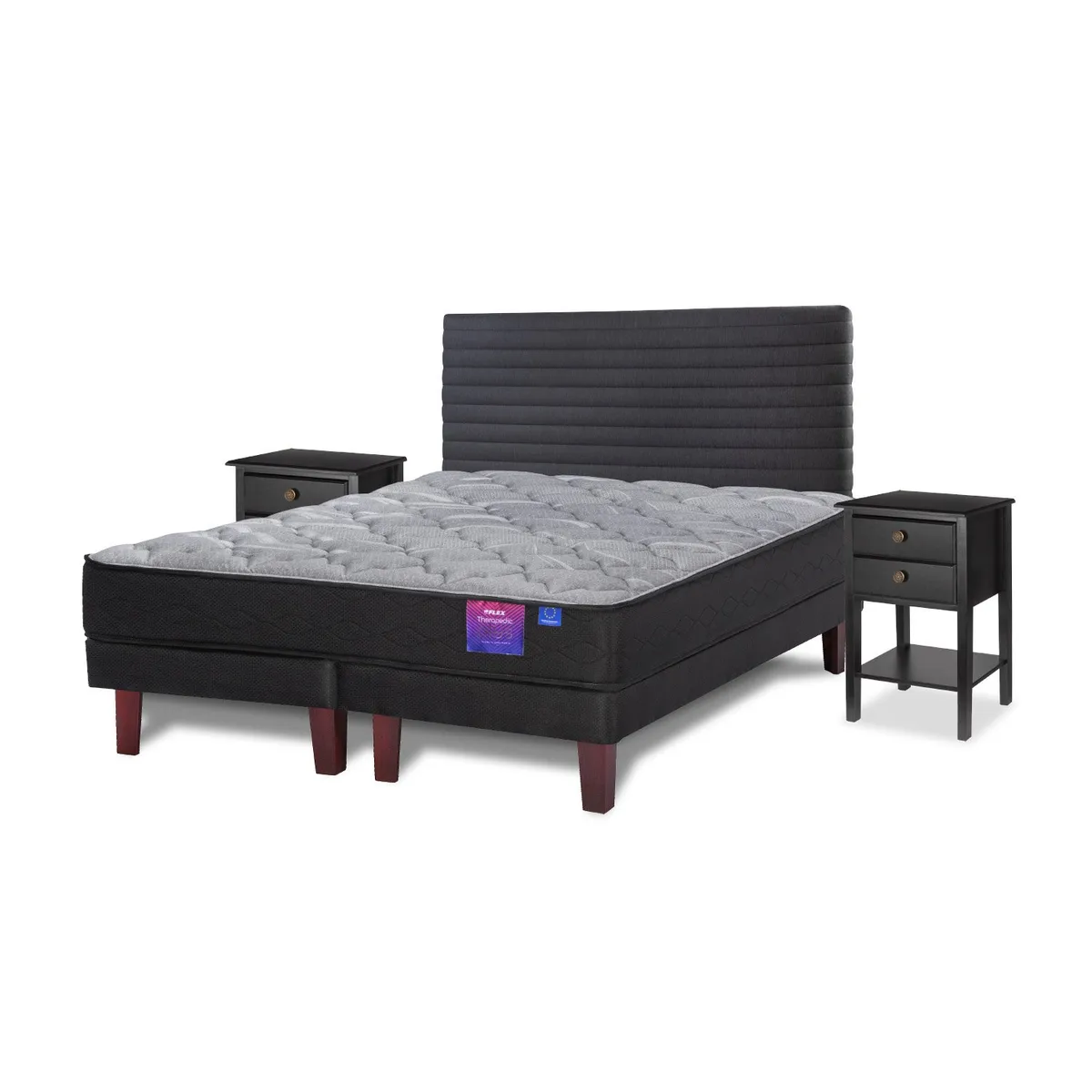 FLEX - Cama Europea Therapedic Plus 2 Plazas Base Dividida 150x200 + Respaldo Royal Gráfito + Veladores Rover Flex