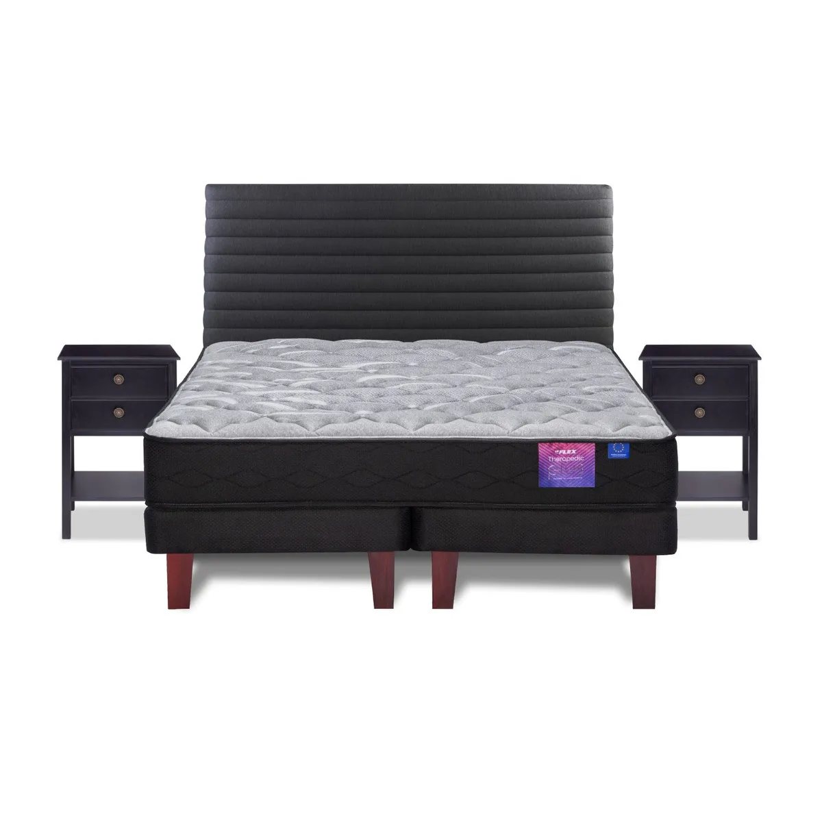 FLEX - Cama Europea Therapedic Plus 2 Plazas Base Dividida 150x200 + Respaldo Royal Gráfito + Veladores Rover Flex