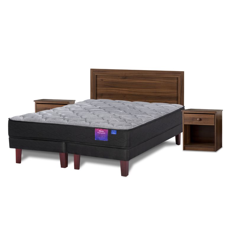 FLEX Cama Europea Therapedic Plus 2 Plazas x 2.00mt Base Dividida + Respaldo + 2 Veladores