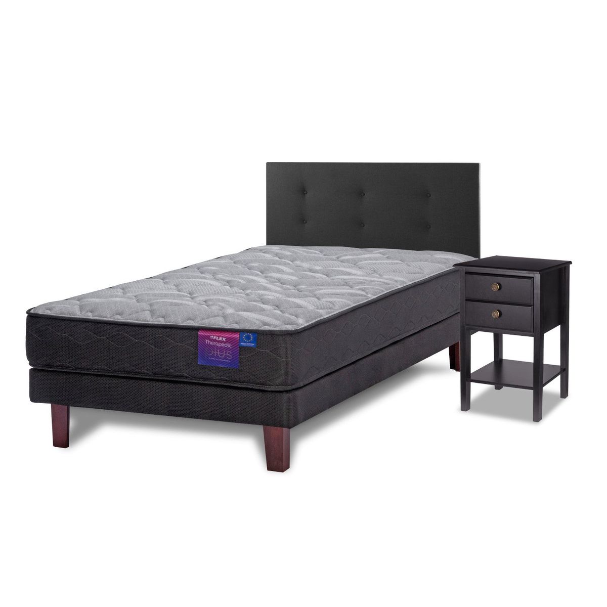 FLEX - Cama Europea Therapedic Plus 1.5 Plazas 105x200 + Respaldo Royal Negro + Velador Rover Flex