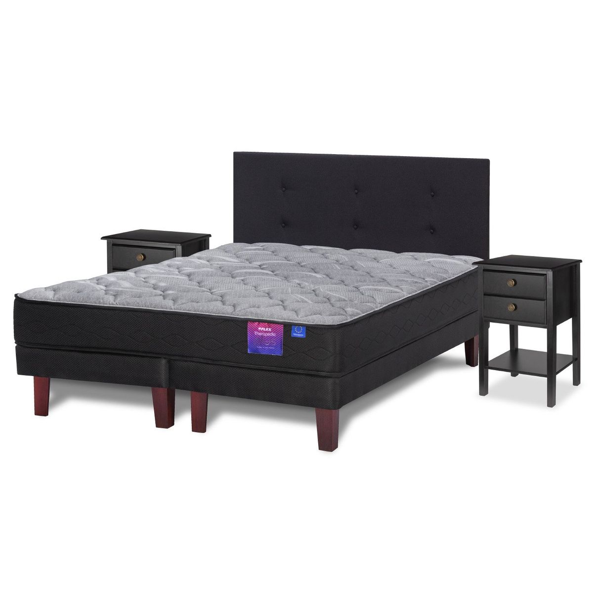 FLEX - Cama Europea Therapedic Plus 2 Plazas 150x200 + Respaldo Royal Negro + Veladores Rover Flex