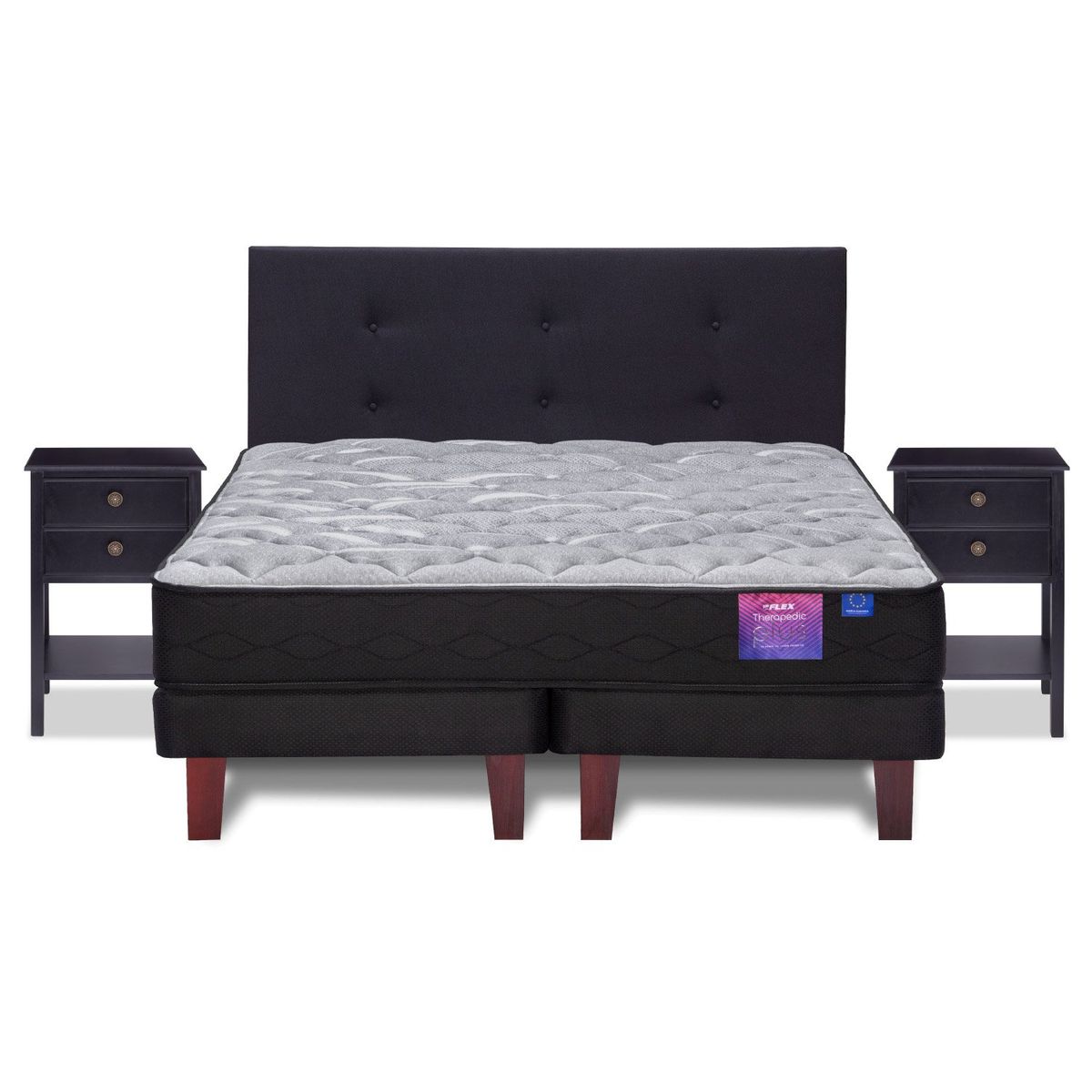 FLEX - Cama Europea Therapedic Plus 2 Plazas 150x200 + Respaldo Royal Negro + Veladores Rover Flex
