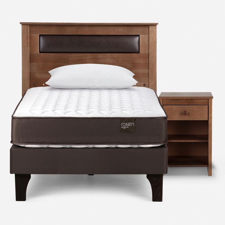 Cama Europea New Ergo T 1.5 Plazas x 2.00 mt + Respaldo + Velador + 1 Almohada