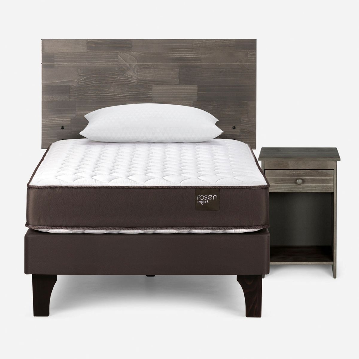 ROSEN - Cama Europea New Ergo T 1.5 Plazas x 2.00 mt  + Respaldo + Velador + 1 Almohada Rosen