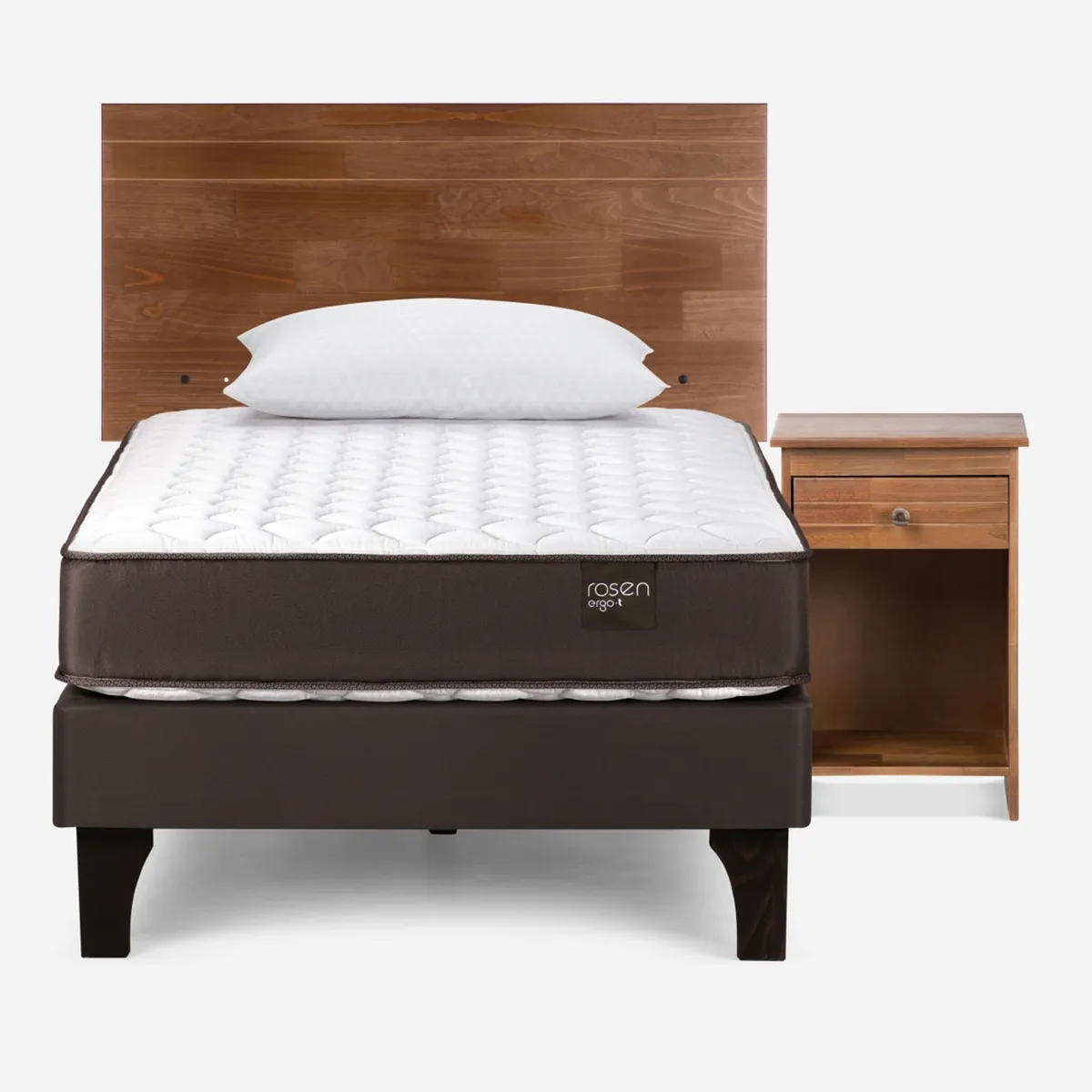 ROSEN - Cama Europea New Ergo T 1.5 Plazas x 2.00 mt  + Respaldo + Velador + 1 Almohada Rosen