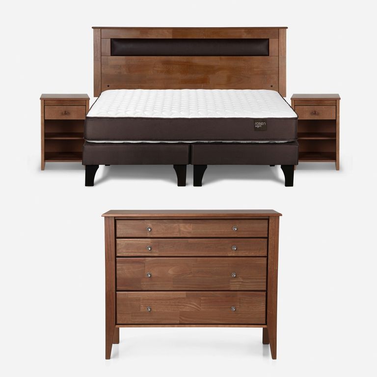 Cama Europea New Ergo T 2 Plazas x 2.00 mt Base Dividida + Respaldo + 2 veladores + Cómoda