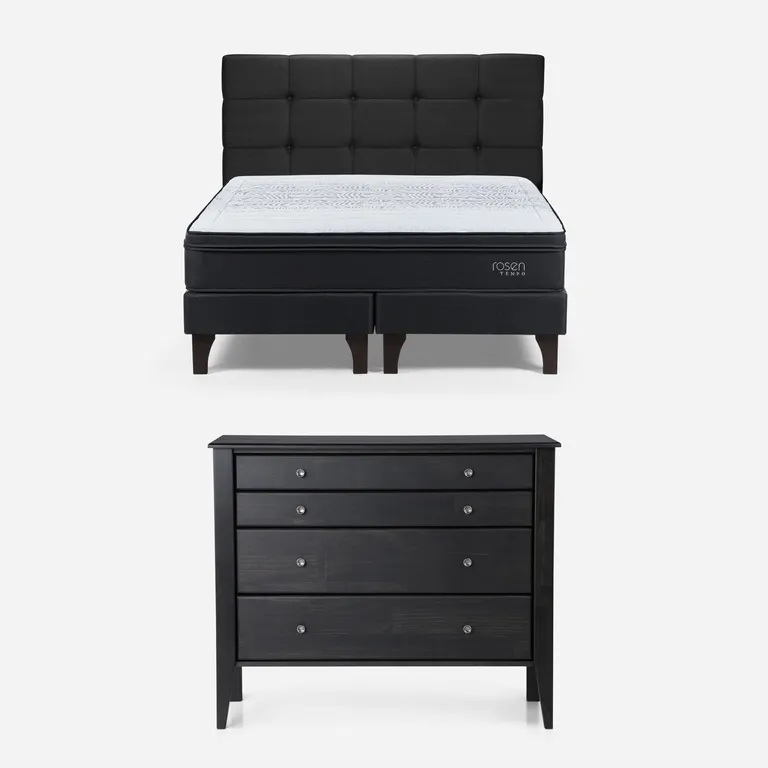 ROSEN Cama Europea Tempo 2 Plazas X 2.00 cm Base Dividida + Respaldo + Comoda