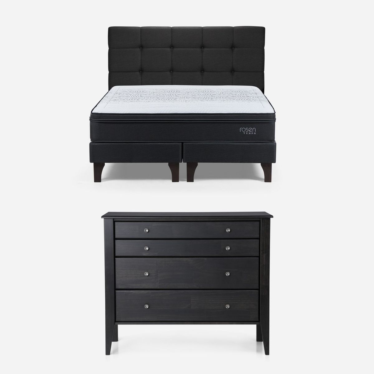 ROSEN - Cama Europea Tempo 2 Plazas X 2.00 cm Base Dividida + Respaldo + Comoda Rosen