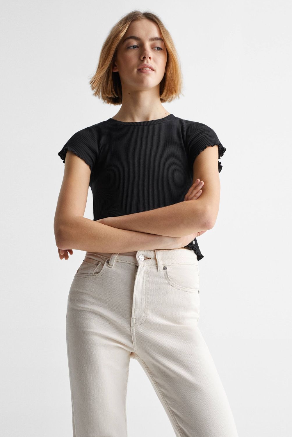 MANGO TEEN - Polera Corta Canalé Barco Mujer Mango Teen