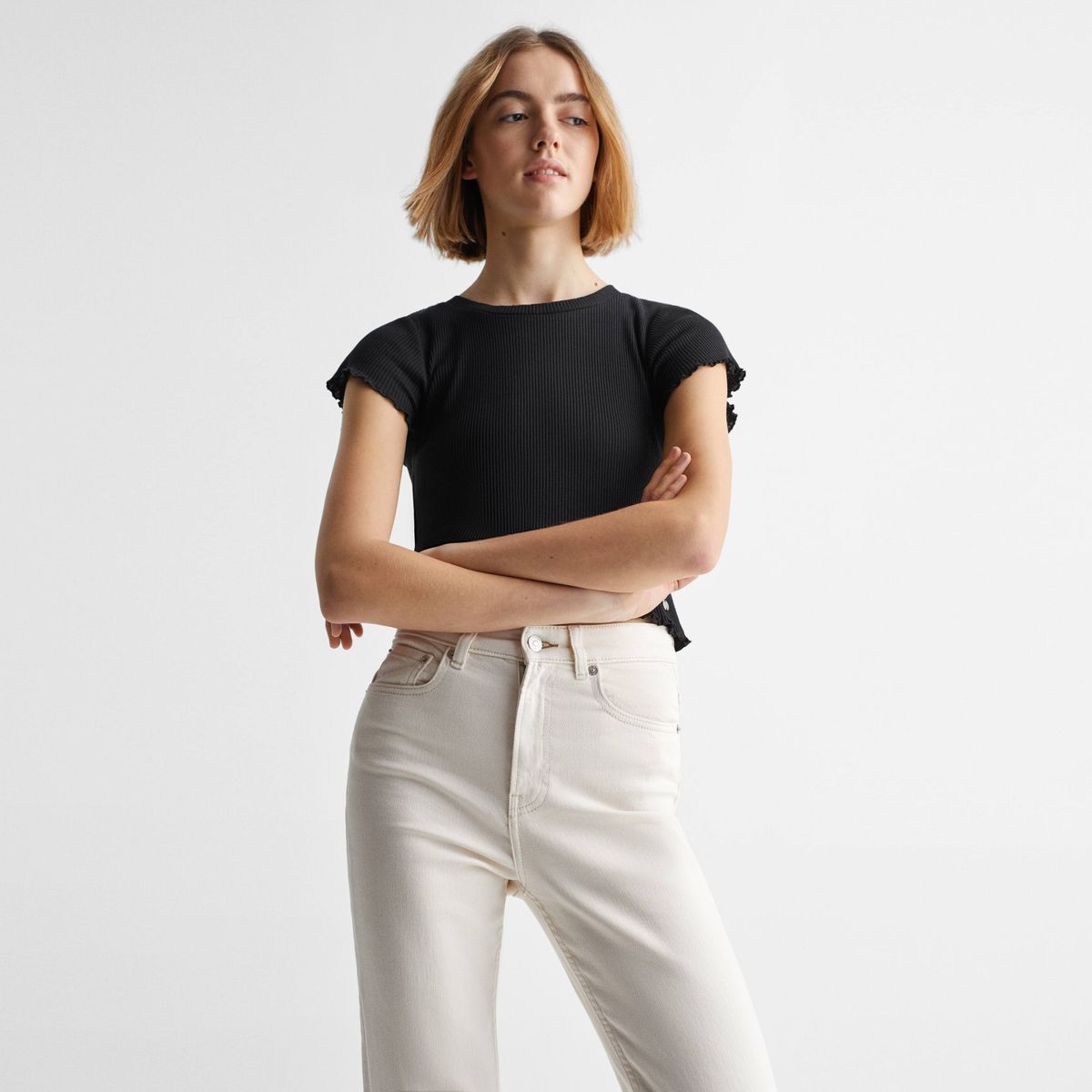 MANGO TEEN - Polera Corta Canalé Barco Mujer Mango Teen