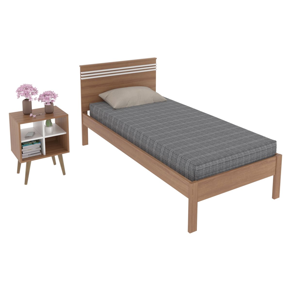 TECNOMOBILI - Cama 1 Plaza+ 1 Velador Almendro Blanco Tecnomobili