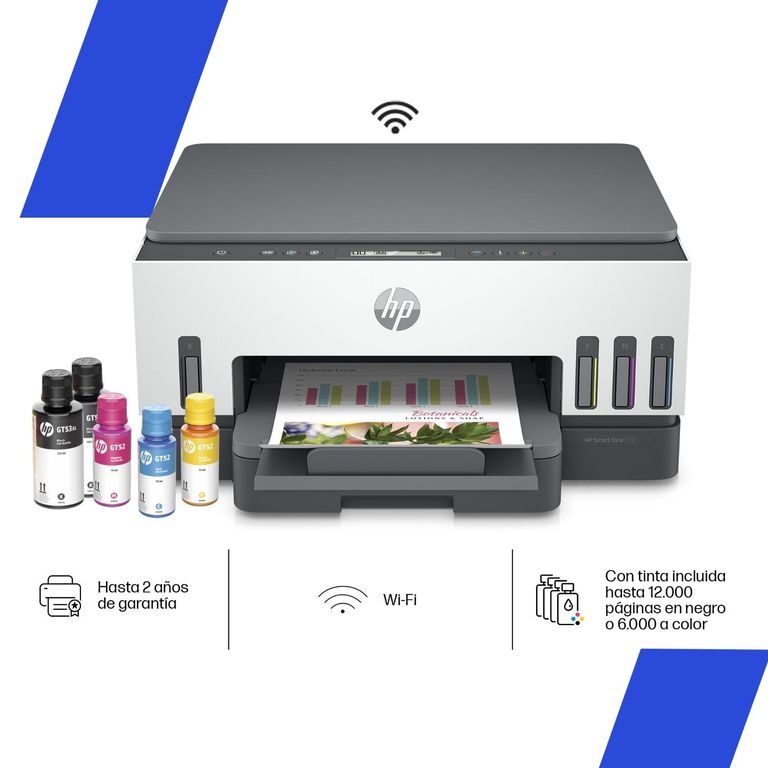 Impresora Multifuncional Smart Tank 720 Wi-Fi Duplex automático. Incluye Set de Botellas HP