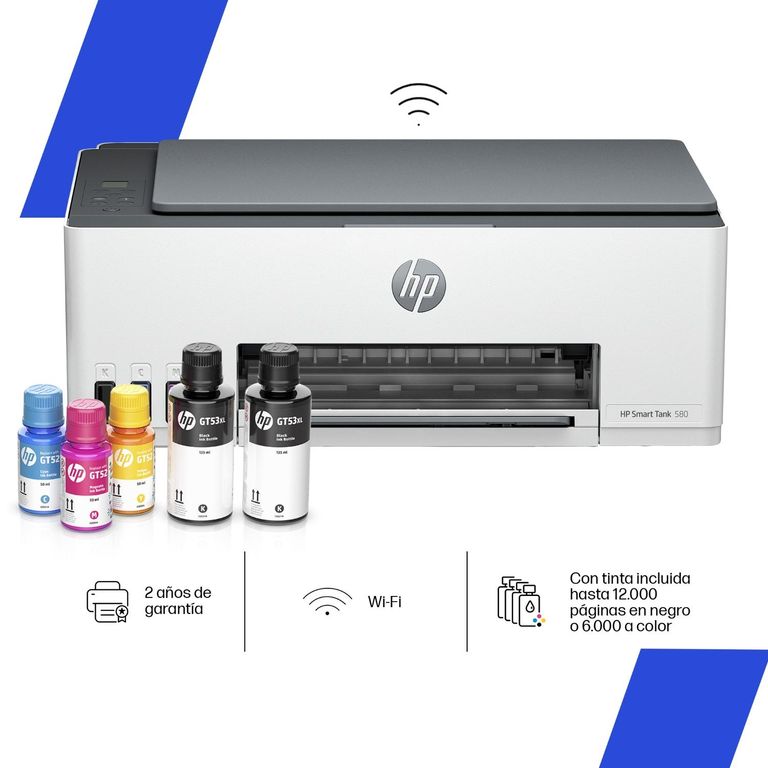Impresora Multifuncional HP Smart Tank 580 Wi-Fi Tanque de Tinta Alto Rendimiento Incluye Set de Botellas