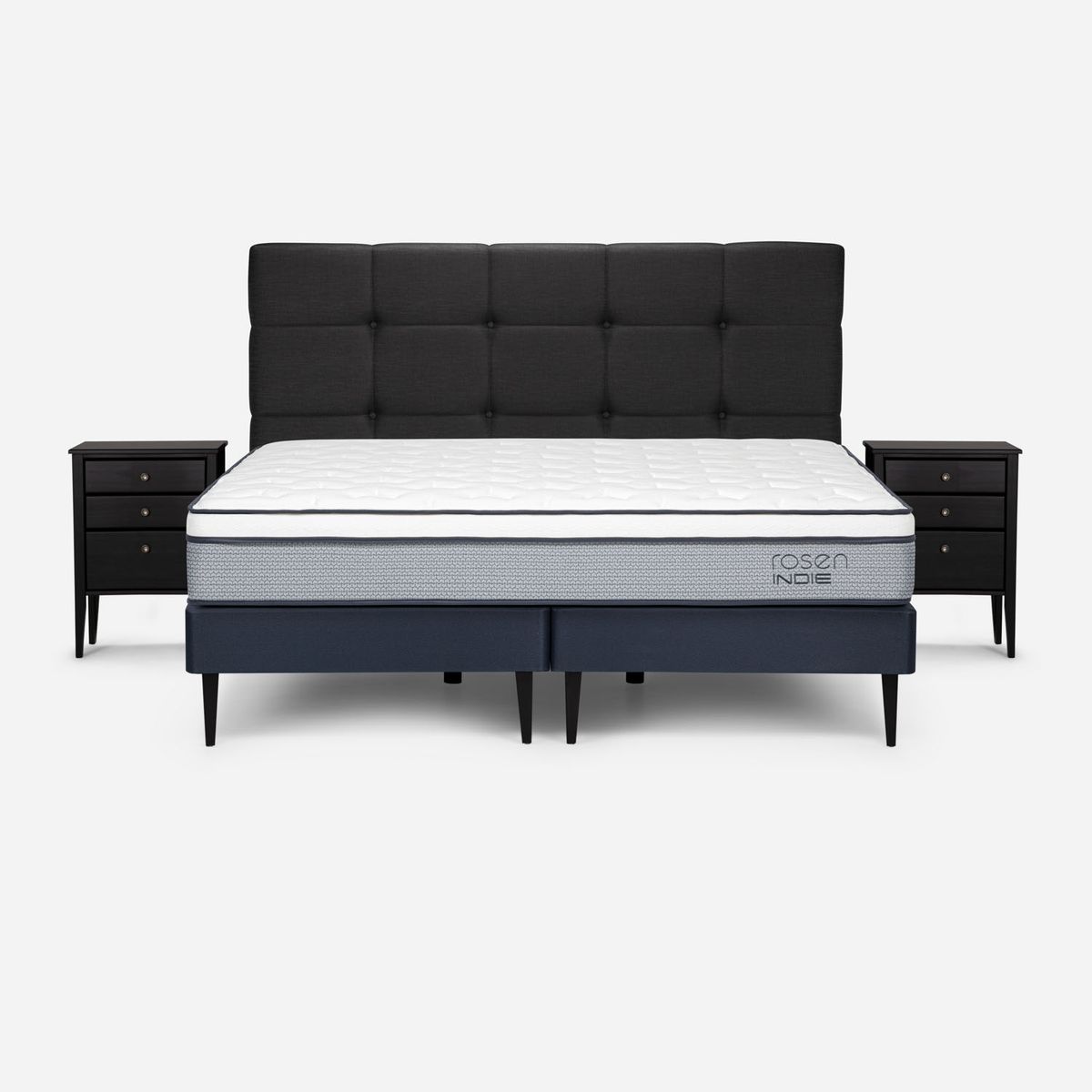 ROSEN - Cama Europea Indie 2 Plazas Base Dividida + Respaldo + Veladores Rosen