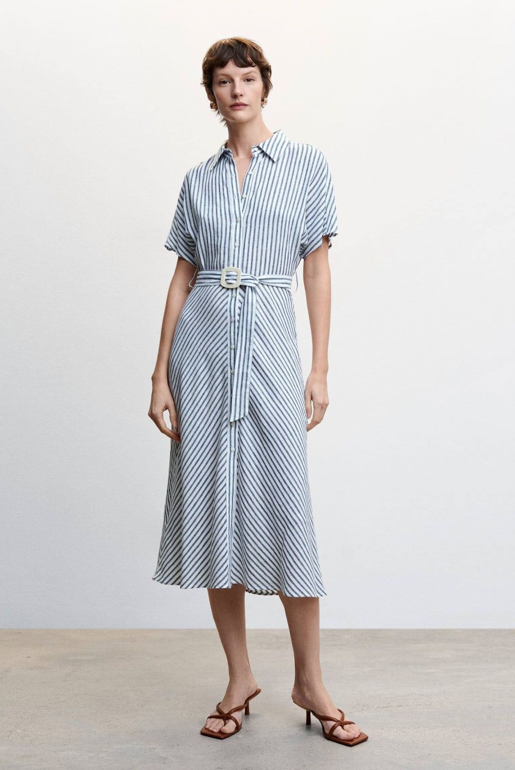 MANGO - Vestido Camisero Lino Rayas Mujer Mango