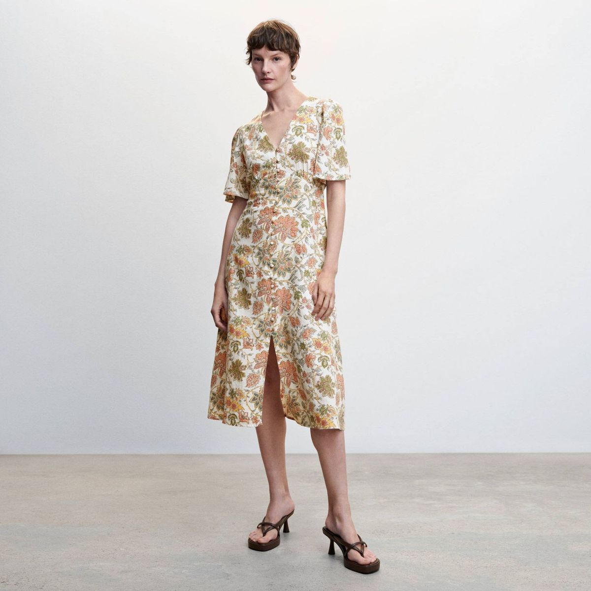 MANGO - Vestido Floral Botones Mujer Mango