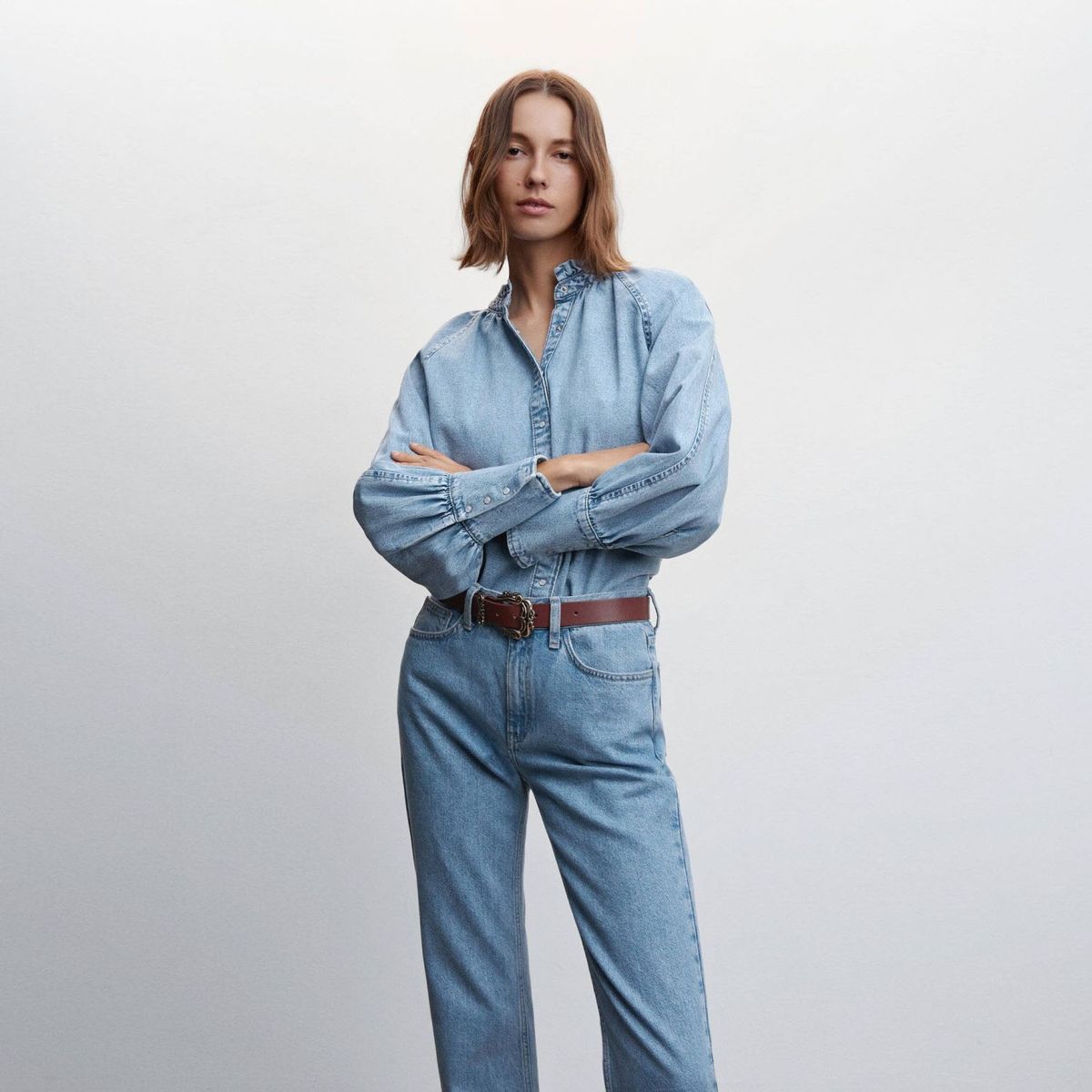 MANGO - Camisa Denim Manga Abullonada Mujer Mango
