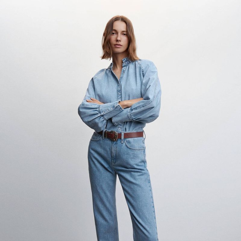MANGO - Camisa Denim Manga Abullonada Mujer Mango